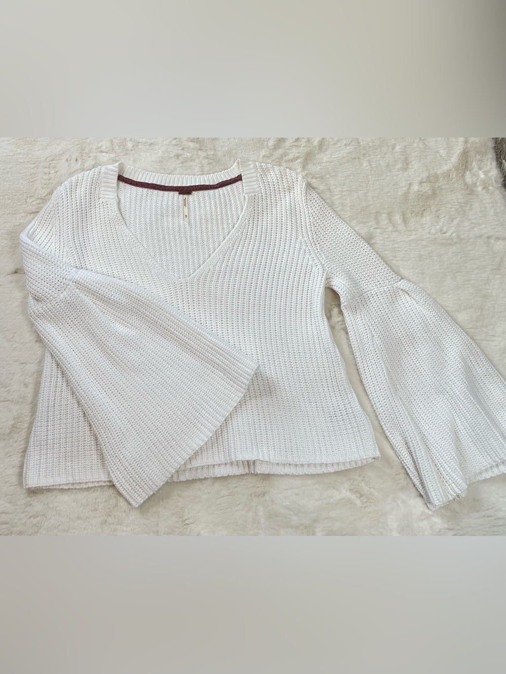 Free People White V-Neck Bell Sleeve Knit Sweater
